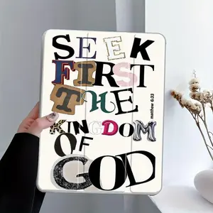 Vintage Stylish Seek First God's Kingdom iPad Folding Stand Case, Transparent Acrylic Hard Back with Pencil & Charger Slots, Compatible with iPad 10.2 inch 2019/2021, Mini, Pro, Air, Scratch-Resistant Ultra-Thin Design, Shockproof Full Protection Case