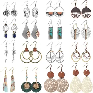 16 Pairs Earrings for Women Trendy,  Boho Dangle Earrings for Women, Vintage Statement Sunflower Round Geometric Earrings Wooden Leather Earrings