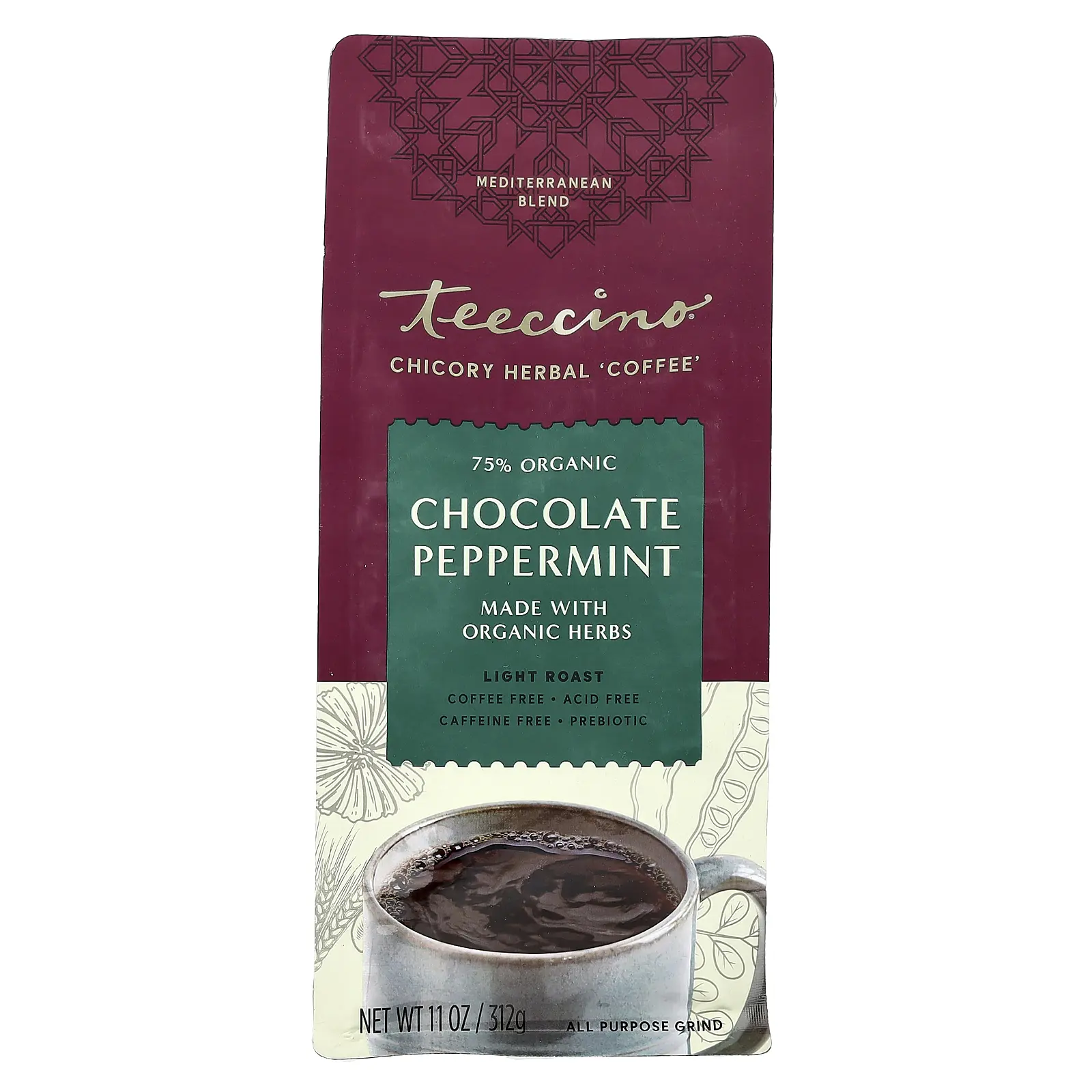 Teeccino Organic Chicory Herbal 'Coffee', Chocolate Peppermint, Light Roast, Caffeine Free, 11 oz (312 g)