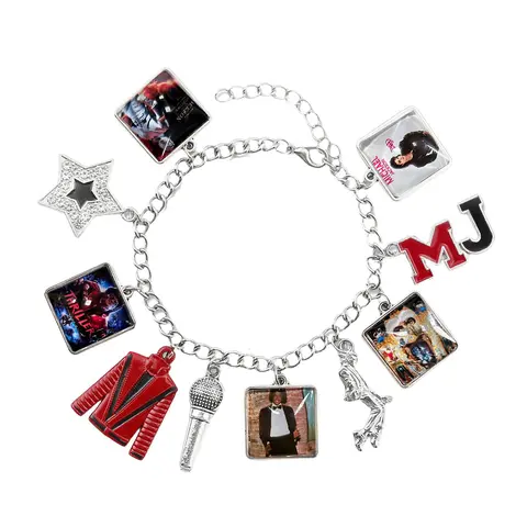 Music Inspired Michael Jackson Charm Bracelet,Collectible Link Chain Friendship Jewelry for Daily Wear, King of Pop MJ Inspired Fan Gift with Hat & Glove Charms, Michael Jackson, Metal Coating, Double Set, Unisex, Birthday, Celebrities