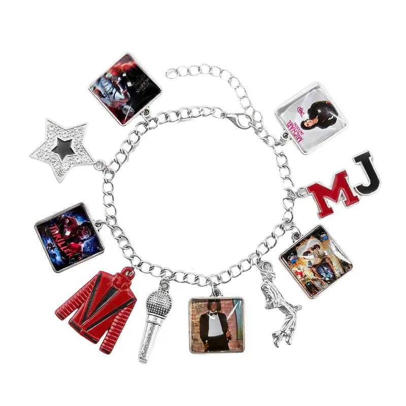 Music Inspired Michael Jackson Charm Bracelet,Collectible Link Chain Friendship Jewelry for Daily Wear, King of Pop MJ Inspired Fan Gift with Hat & Glove Charms, Michael Jackson, Metal Coating, Double Set, Unisex, Birthday, Celebrities