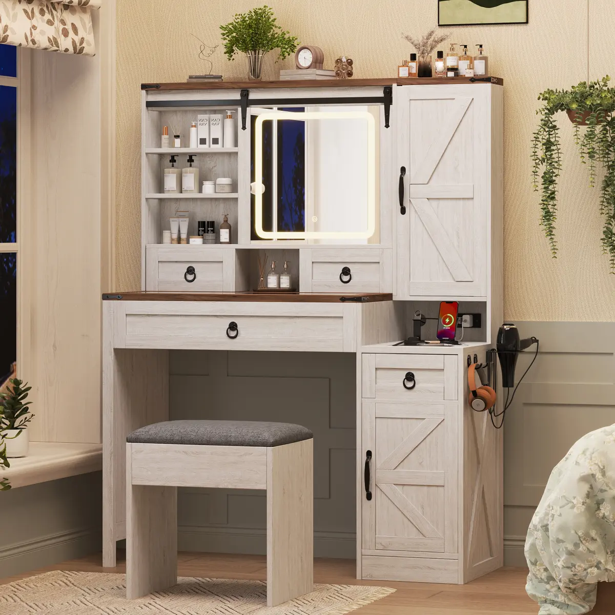 Farmhouse Vanity Desk with Sliding Mirror and Lights, 42" Glass Top Makeup Vanity Table Set with Charging Station & Jewelry Storage, Dressing Table with Stool, 4 Drawers & 2 Cabinets for Bedroom, White