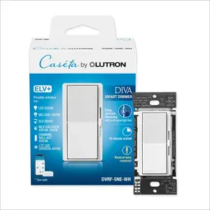 Lutron Caséta Diva Smart Dimmer for ELV+ Lighting DVRF-5NE-WH - 250W LED - Neutral Required - White