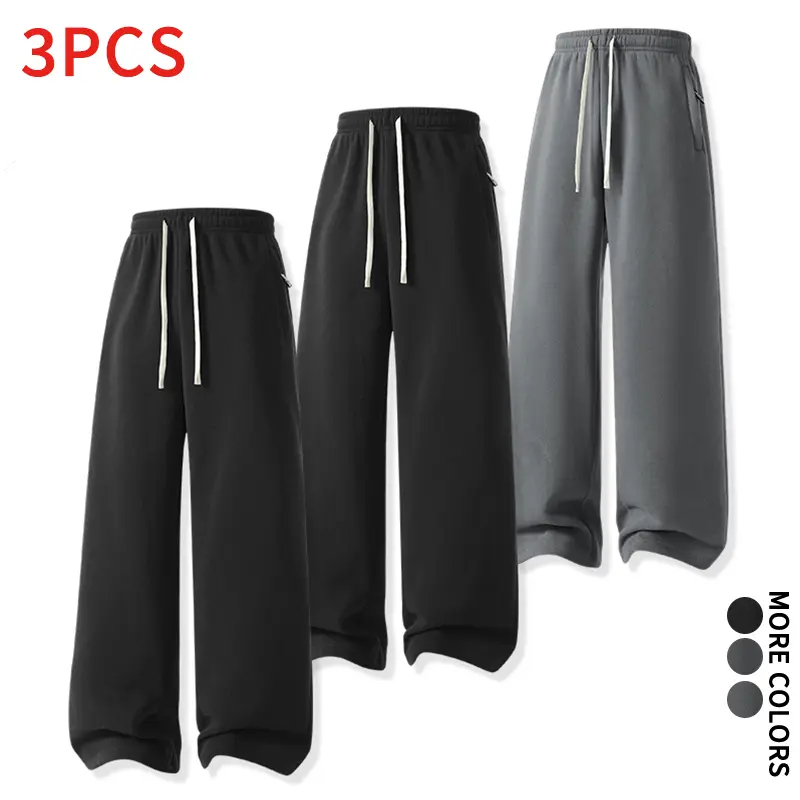 Men’s solid-color straight-leg sweatpants, 3-pack, elastic waistband with adjustable drawstring, practical long joggers for outings and casual home wear