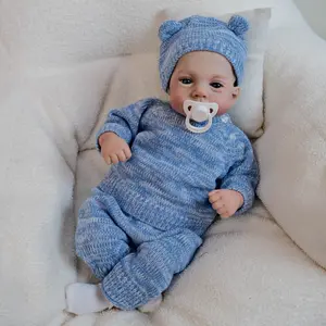 18 Inch Reborn Baby Doll Soft Vinyl Head & Legs and High Quality cloth Cotton Body New Born Silicone Cute Baby Hand Drawn Hair Open Eyes Boy Doll Toy with Feeding Accessiories for Best Gifts to Ages 3+