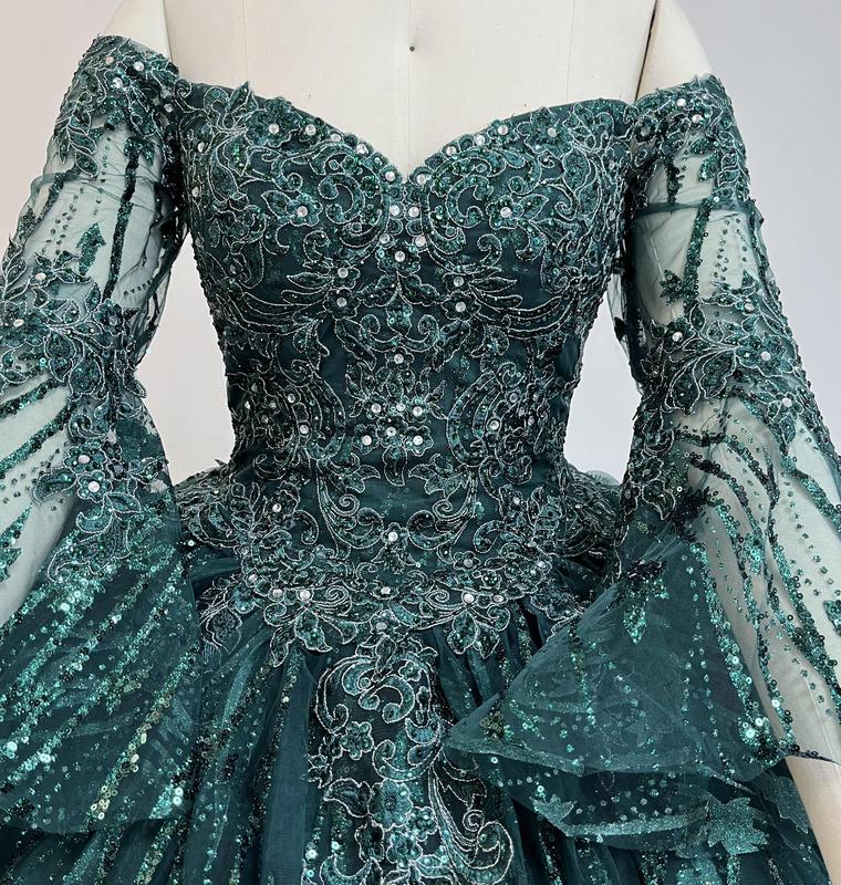 NO.43  Quinceañera Dress Off The Shoulder Bell Sleeves Green Blush Sparkle Tulle Ball Gown Dress