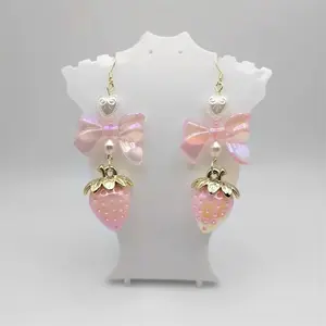 Pastel strawberry coquette bow earrings pearl heart milky