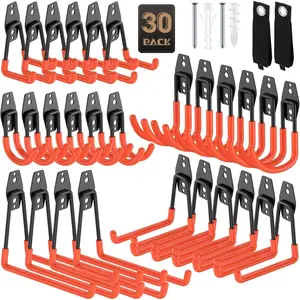 30 Pack Garage Hooks, Heavy Duty Steel Wall Mount Utility Hangers with Anti-Slip Coating for  Bikes, Ladders, Power Tools, and Garden Equipment