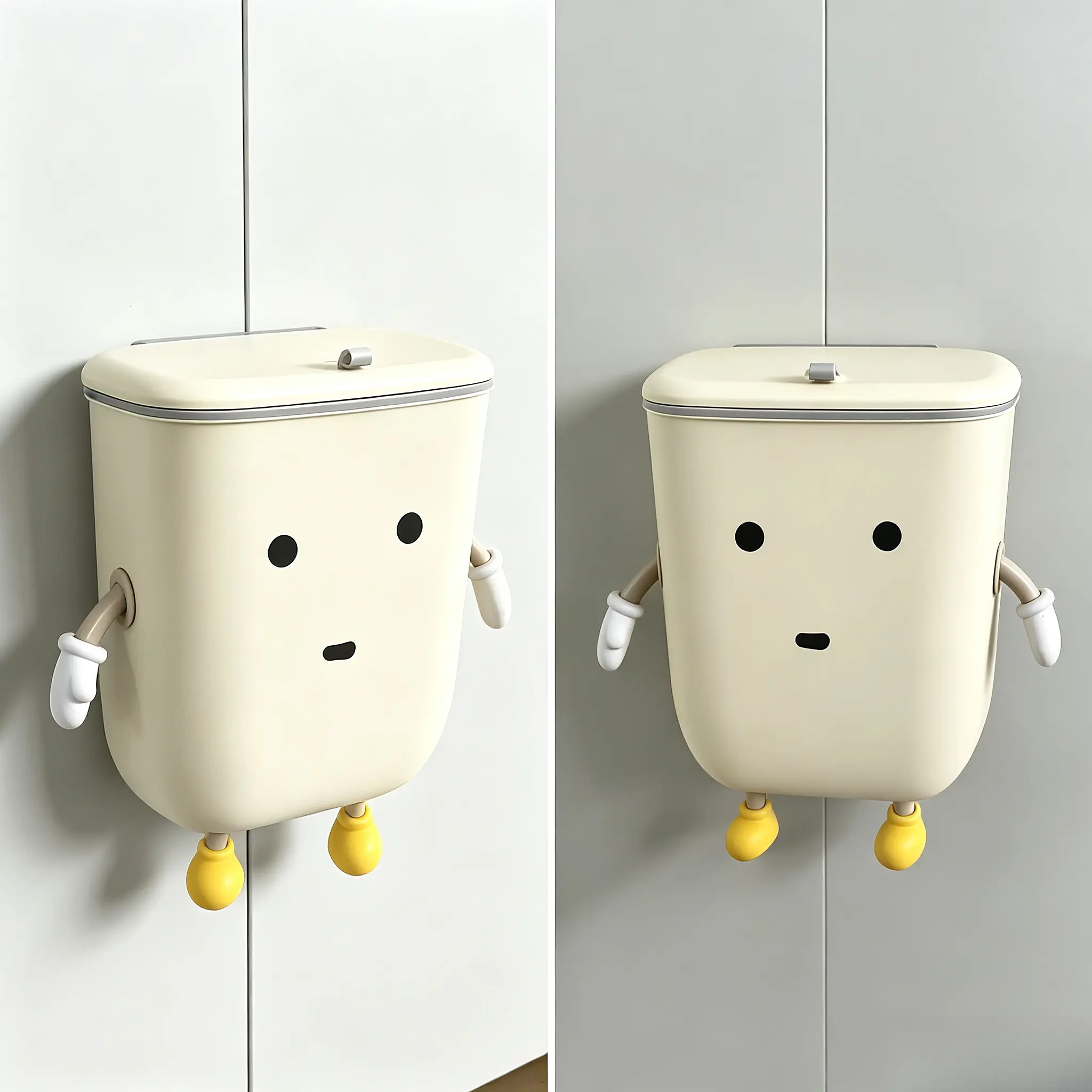 Kid-Safe Cartoon Wall-Mounted Flip-Lid Trash Can - No-Drill, Odor-Proof, Waterproof, Smooth-Edged, Touchless Motion Sensor Smart Hanging Bin, Dual Compartment Vanity Cleaning Organiser for Toddler Nursery Room Cabinet Waste & Recycling
