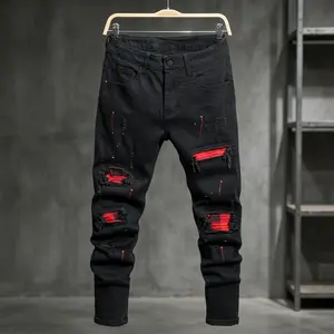 Men's Black Ripped Jeans Vintage Patch Design Slim Fit Stretch Denim Pants Streetwear Fashion Casual Skinny Jeans for Guys Trendy Distressed Destroyed Patchwork Hip Hop Urban Outfit Elastic Waist Comfortable Daily Wear Trousers