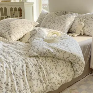 4PC Branch Blossoming Quilt Set (1 * Duvet Cover+1 * Bed Sheet+2 * Pillowcase) Fresh Floral Grey Branches and Leaves Solid Color Bed Sheet Valentine's Day General Use Comfortable Texture Fabric Breathable 100% Polyester Fiber Available Machine Washable