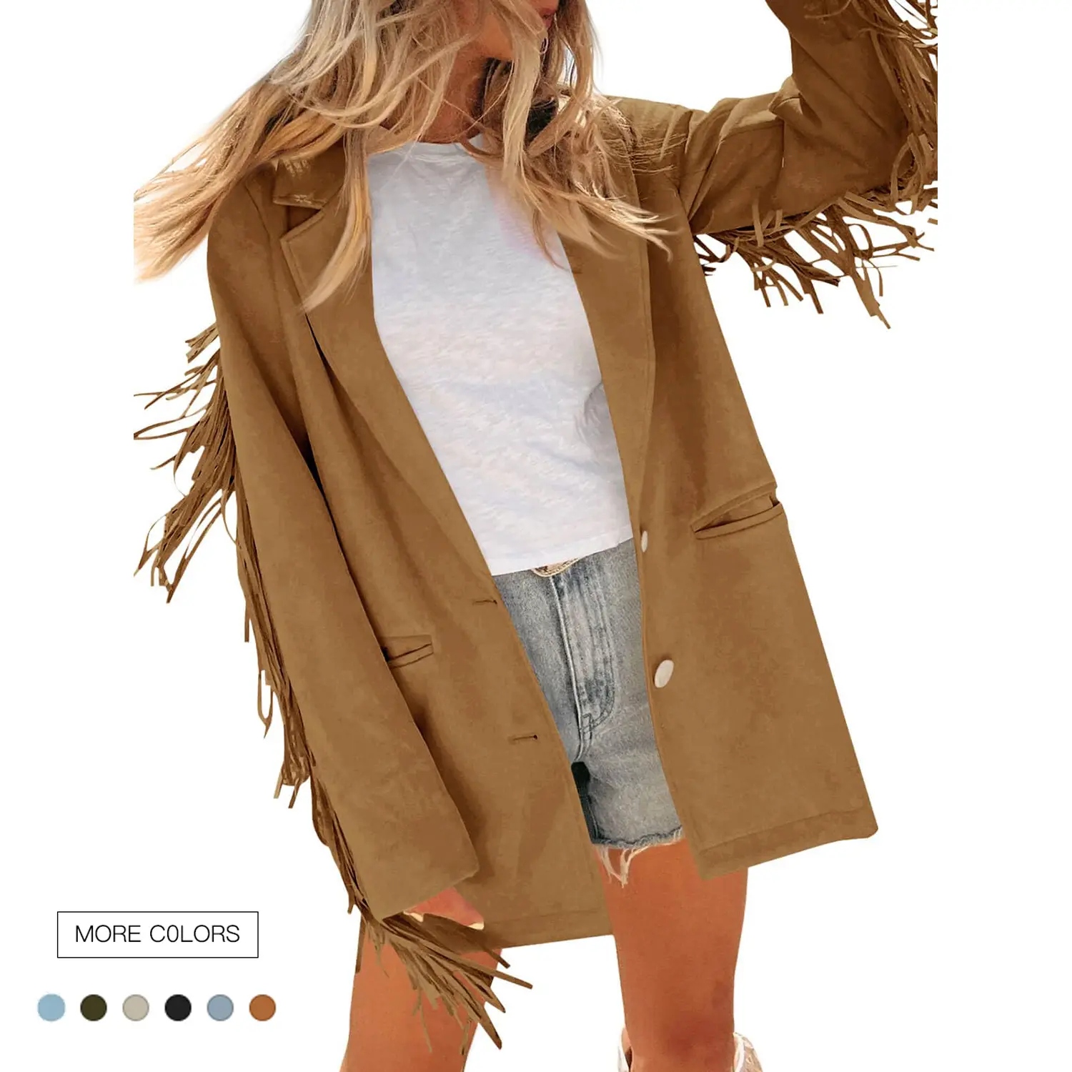 Women's Chic Faux Suede Jacket, Western Urban Cowboy Blazer with Long Sleeve, Fringe Tassel and Lapel Collar, Fabric, Piece, Button Front, Lady