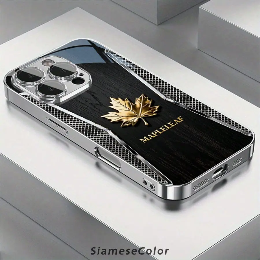Luxury Black Wood & Golden Maple Leaf 2D Pattern Glass Smartphone Case - Full Body Shockproof Accessories for iPhone 11-16 (11,12,12 Pro Max,13,14 PLUS,15,16 Pro Max,Air), Samsung Galaxy S22-S25 (Ultra,FE) - 2025 Furry Handheld Protective Cover, Iphone 12