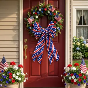 1 Pack 4th of July Decor Bow for Wreath,Red White Blue Stripe Stars Tree Topper Bows for Patriotic,Independence Day,Memorial Day,Veteran's Day,Front Door Indoor Outdoor Decorations