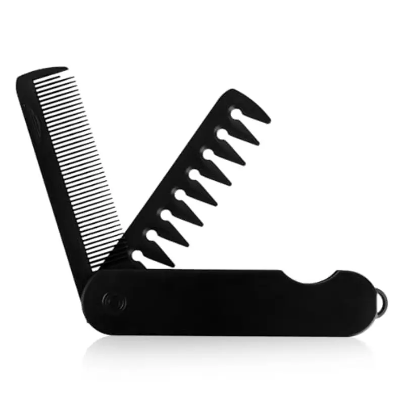Men's Folding Comb, 2-In-1 Travel Foldable Comb, Wide and Fine Teeth, Stainless Steel Pocket Beard Comb, Portable Men's Hair Brush