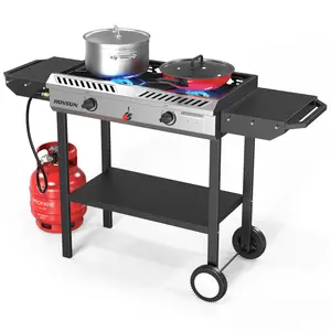 [TOP RATED - FLASH SALE] ROVSUN 2-Burner 150000 BTU Camping Propane Stove with Wheels & Side Shelves