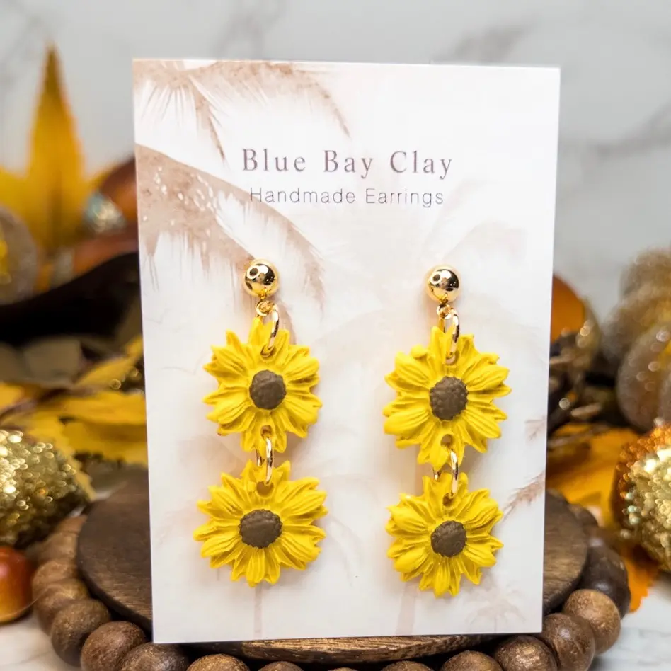 Handmade Clay Sunflower Dangle Earrings, Double Fall & Halloween Earrings, Nickel-Free