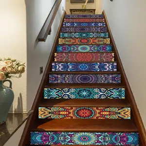 Mandala Pattern Stair Sticker, 13pcs/set Self Adhesive Fantasy Mandala Staircase Sticker, DIY Simulated Colorful Datura Wall Decoration for Living Room, Decorative Wall Sticker