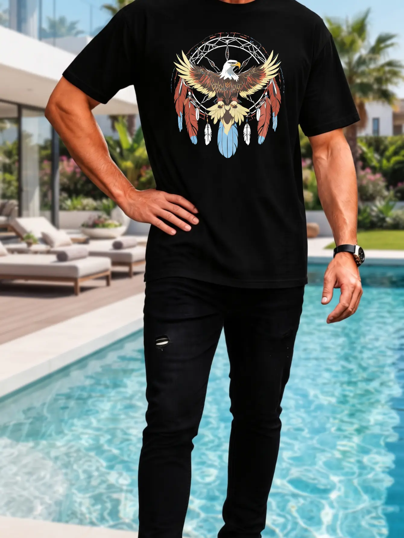 Graphic Print Men's T-Shirt, Eagle Dreamcatcher Design, Summer Poolside Casual Wear, Gift For Him