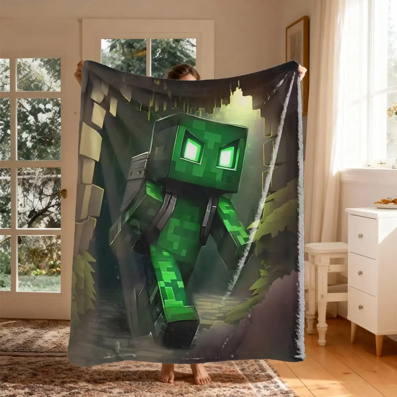 Minecraft Inspired Creeper Throw Blanket, Pixel Game Character Graphic Blanket, Soft Cozy Fleece Blanket for Kids Teens Gamers, Bed Blanket for Bedroom Decor, Couch Sofa Blanket, Gaming Fans Gift, Holiday Gifts