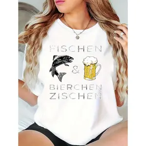 Women's Casual White T-Shirt with Fish & Beer Mug Graphic, Perfect for Oktoberfest, Fishing Trips, or Backyard Parties, Ideal for Fishing Enthusiasts & Beer Lovers 100% Cotton T-shirt