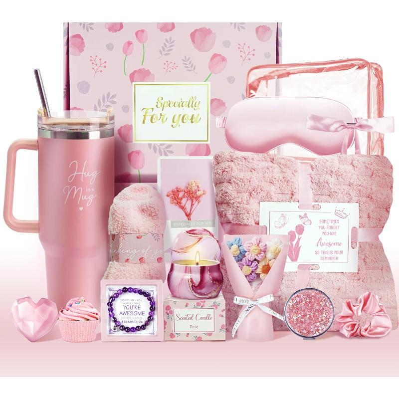 15PCS Birthday Gifts for Women, Relaxing Gifts Baskets for Her, Care Package with Luxury Flannel Blanket and 40 oz Tumbler, Valentines, Mothers Day, Christmas Women's Gift for Mom, Wife, Friends