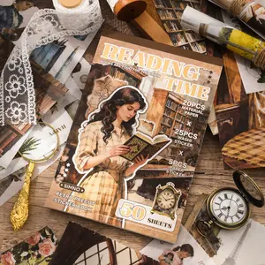 Vintage Material Paper Series Reading Theme Sticker Book, Scrapbooking, 50 Sheets/bag, Multi-Scene Decorative Stickers for Notebooks and Water Bottles