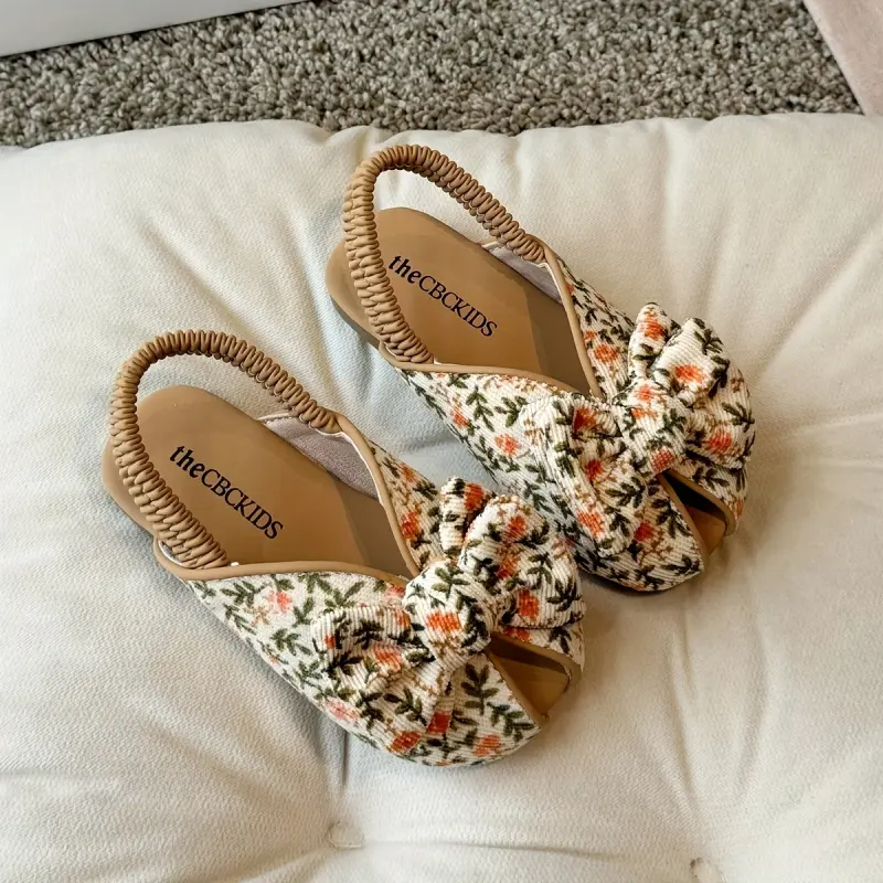 Girls' Open-Toed Flat Heel (1 cm or less) Sandals - Princess Look Bow-Accented, Lightweight Comfortable Kids' Footwear for Weddings, Performances, All-Season Fashion Shoes