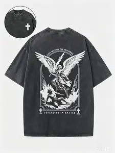 Vintage Acid Stone Washed Double Sided Winged Angel Warrior Cross Gothic Dark Grunge Graphic Oversized T-Shirt Unisex 100% Cotton Crewneck Short Sleeve Retro Medieval Alt Streetwear Casual Fan Apparel Gift For Men Women garments