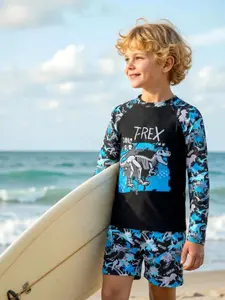 Blue Dinosaur Full Print Swimwear Swimsuit Sets, Boys' Long Sleeve Sun Protection Split Swimming Set, Casual Fitted Suit