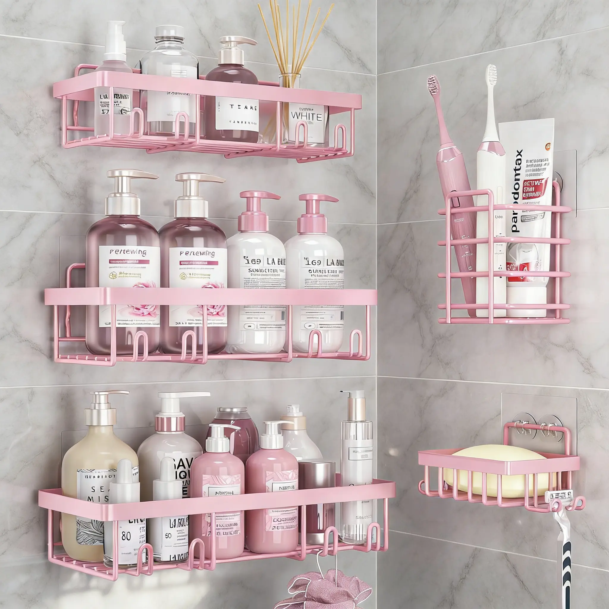 Pink 5-Piece Rustproof Smooth Metal Round Hollow No-Drill Adhesive Heavy-Duty Shower Caddy Set - Bathroom Organizer Accessory with Installation, Toothbrush, Soap, Shaver Holders, Plug-and-Play Wall Shelves, Dorm Essential Graduation/Christmas Gift