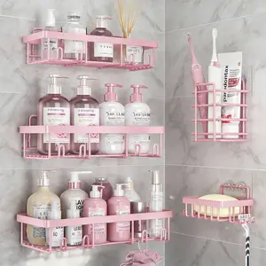 Easter gift | Pink Bathroom Accessories 5-Pack Rust-Proof& WaterproofShower Rack No Drilling RequiredStick-On Storage Rack withToothbrush & SoapHolder Large-Capacity Minimalist Design