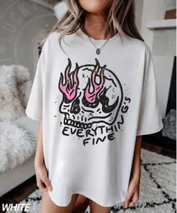 [Sale off up to 50%] Everything is Fine Shirt, Retro Grunge Shirt, Sarcastic, Funny Skeleton, Festival, Rebel Tee, Pink Flames, Graphic Streetwear T-shirt