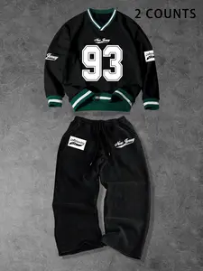 Streetwear Casual Set Outfit Set Unisex Stacked Collar Sweatshirt Long Sleeve Print Pants Two-Piece Colorblock Trendy American Retro School Style, Menswear