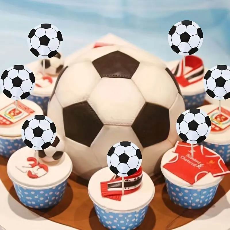 24pcs/set Football Theme Party Cupcake Decorations, Football Sports Theme Dessert Party Decorations, Ice Cream Pizza Muffin Bread Party Gourmet Decorations, Baking Cooking Gourmet Decoration Supplies, Outdoor Party Cake Gourmet Decorations