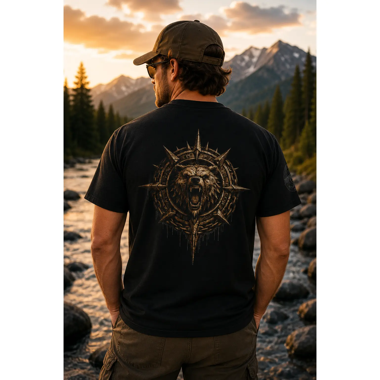 Men's Relaxed Fit Round Neck Short Sleeve Black Bear Print Heavy Cotton T-Shirt, Montana-Inspired Outdoor Aesthetic, Hunting/Camping Apparel, Wildlife Gift
