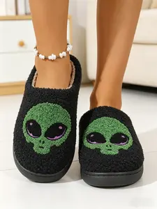 👽Alien Style Plush Slippers, Lightweight Soft Teddy Fleece, Cool Alien Embroidery, Thick Lined, Anti-Slip Sole, Y2K Winter Home Comfort, Indoor Slippers, Soft Non Slip