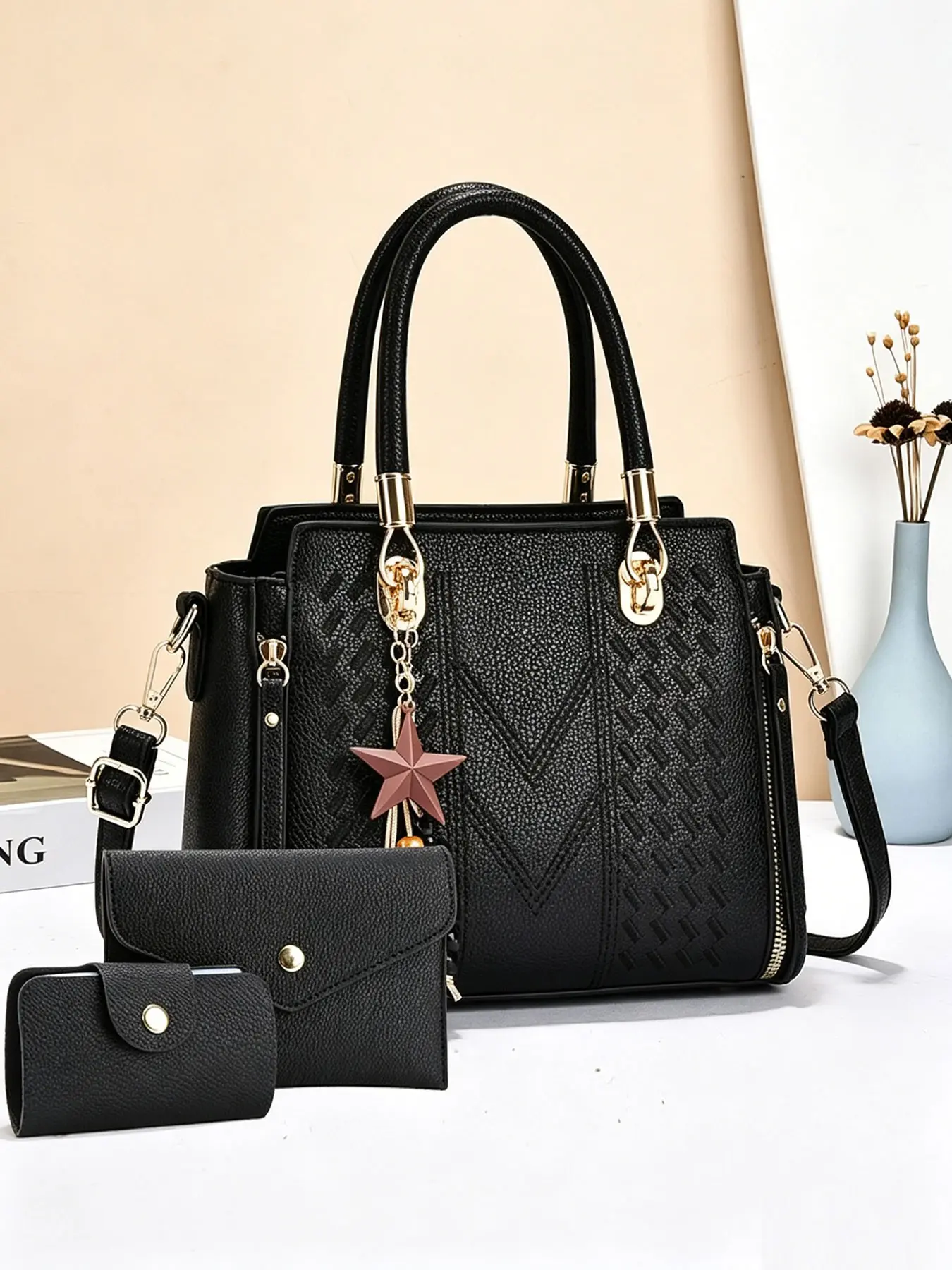 Women's 3-Piece Set Casual Messenger Bags, PU Material Plain Design, Versatile Handbag for Shopping and Travel, Trendy Shoulder Purses, All Match Handbag, Bags And Accessories