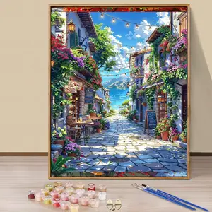 Paint by Numbers Kit for Adults Beginners - 16x20in/40x50cm Color Canvas, Easy DIY Summer Flower Lane Town Acrylic Painting Set, Diy Painting Supplies - Home Decor, Gift for Birthday, Mother's Day and Christmas, Without Frame