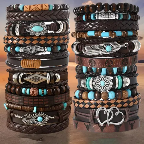 18/24pcs PU Leather Punk Cuff Wrap Bracelets Stack Leather Braided Bracelet for Men Women Adjustable Perfect for Daily Wear, Gift-Giving,Christmas Gifts Jewelry Stackable Bracelets