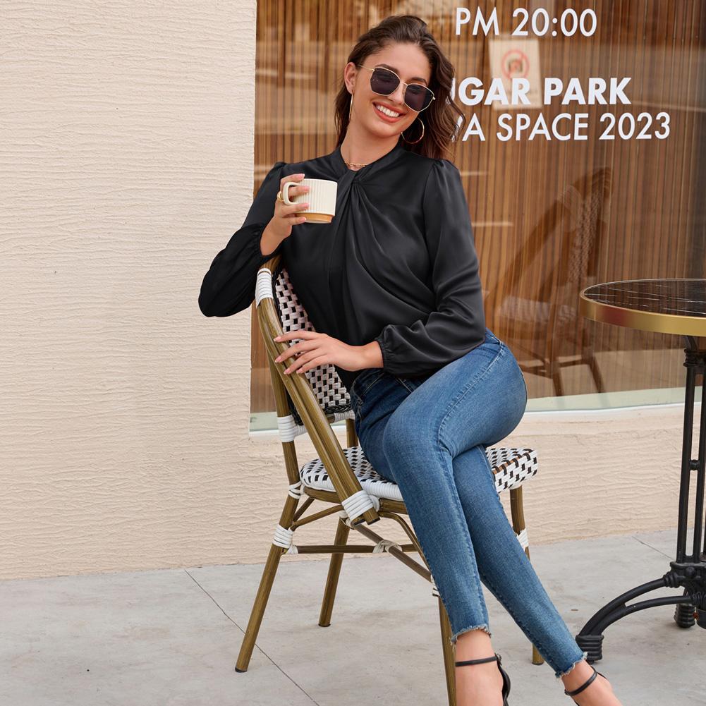 Grace Karin women's Long Sleeve Satin Blouse,Mock Neck Work Silk Shirts,Dressy Tops for Business Casual Office