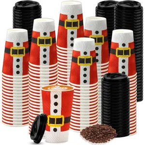 100 Set Christmas Coffee Cups with  Bulk 16 oz Disposable Paper Cup with Insulated Ripple Wall Santa Belt Cups for Beverages Espresso  Hot Drink Holiday Xmas Party