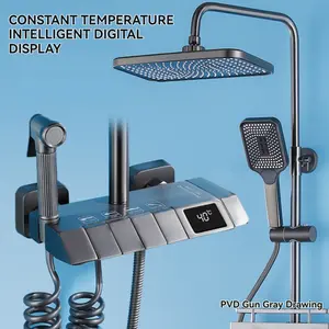 Gun grey thermostatic shower set digital display rain bath full copper bath home bathroom booster shower