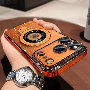 Luxury Glitter for Magsafe Bracket Case for iPhone 17 16 15 Pro Max Air 14 12 13 11 Transparent Stand Camera Film Hard PC Cover