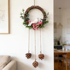 24-Inch Handmade Natural Twig Pinecone Wind Chime Wreath, Rustic Rattan Bird Decorative Front Door Hanging Ornament, Nature Farmhouse Wall Window Outdoor Home Gift for Spring Holiday