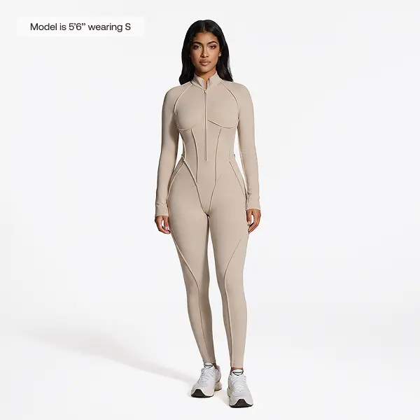 BetterMe Women's Long Sleeve Zip-Front Open-Back Catsuit, Full-Length Compression Jumpsuit for Workout Yoga Gym Activewear