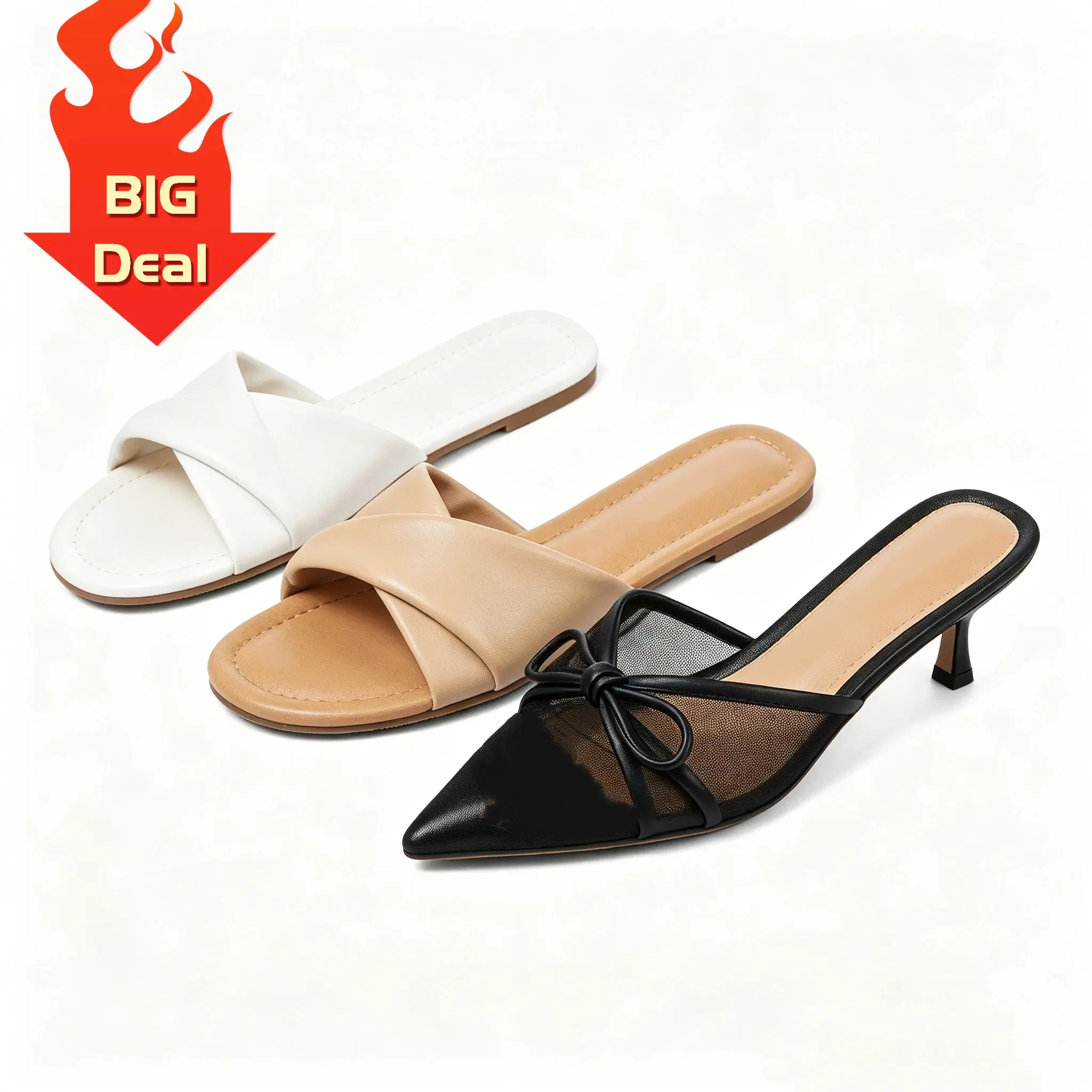 AMINUGAL Women's Plain Woven Mule Slides - Backless Slip-On Pointed Toe Flat Sandals, Comfortable Women's Shoes for Casual Summer Outings