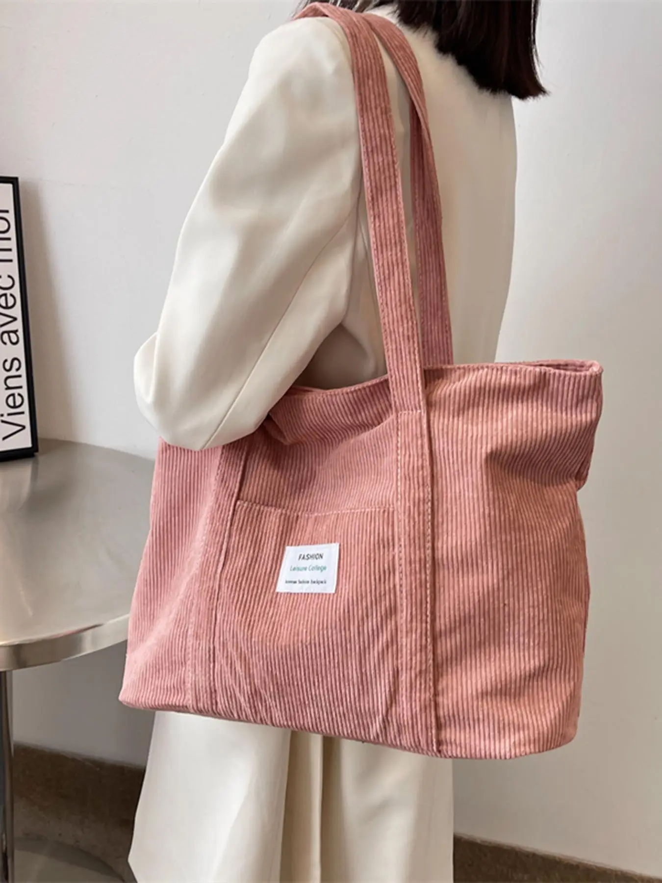 Women's Casual Plain Corduroy Tote Bag, Letter Patched Design Large Capacity Shoulder Bag For Daily Used