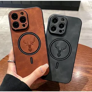OREKROY Elk Deer Design PU Leather Phone Case For iPhone 17 16 15 14 13 12 Pro Max Shockproof Magnetic Bumper Case Compatible with Mag Safe Wireless Charging Anti-Scratch Camera Protection