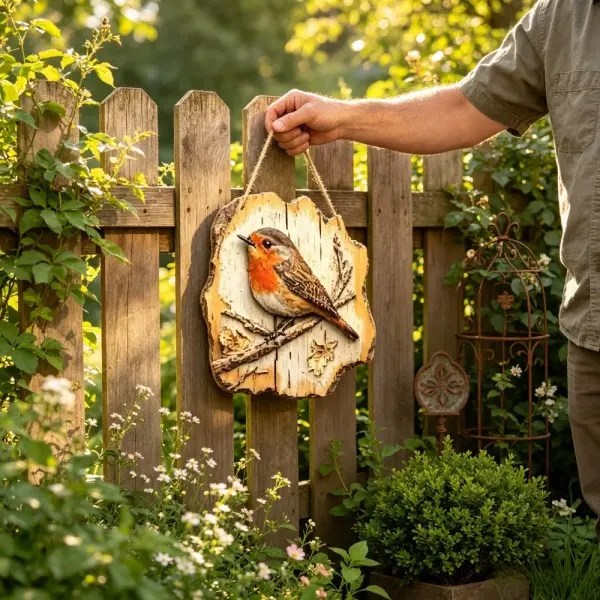 1Pcs Rustic Embossed Robin Wooden Wall Sign 20×19×0.5cm, Country Farmhouse Bird Wall Hanging Decor, Vintage Wood Slice Bird Ornament for Indoor Door Wall Farm Cabin Decoration